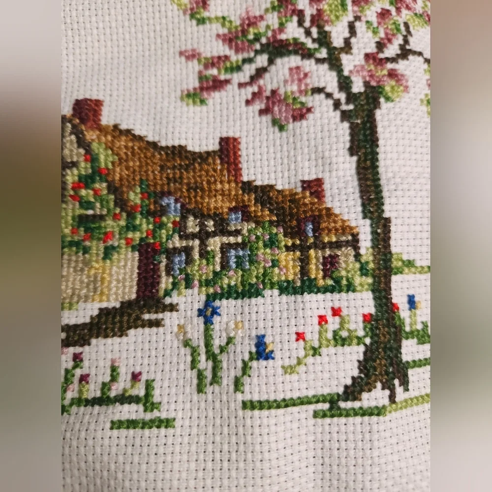 Vintage Embroidered Cross Stitch Lace Pillowcase Spring Cottage 13x13 Handmade